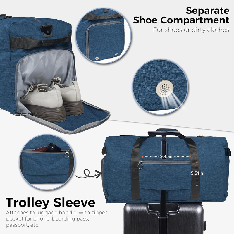65L Travel Duffel Bag Foldable w/ Shoe Compartment Water Resistant Gray4