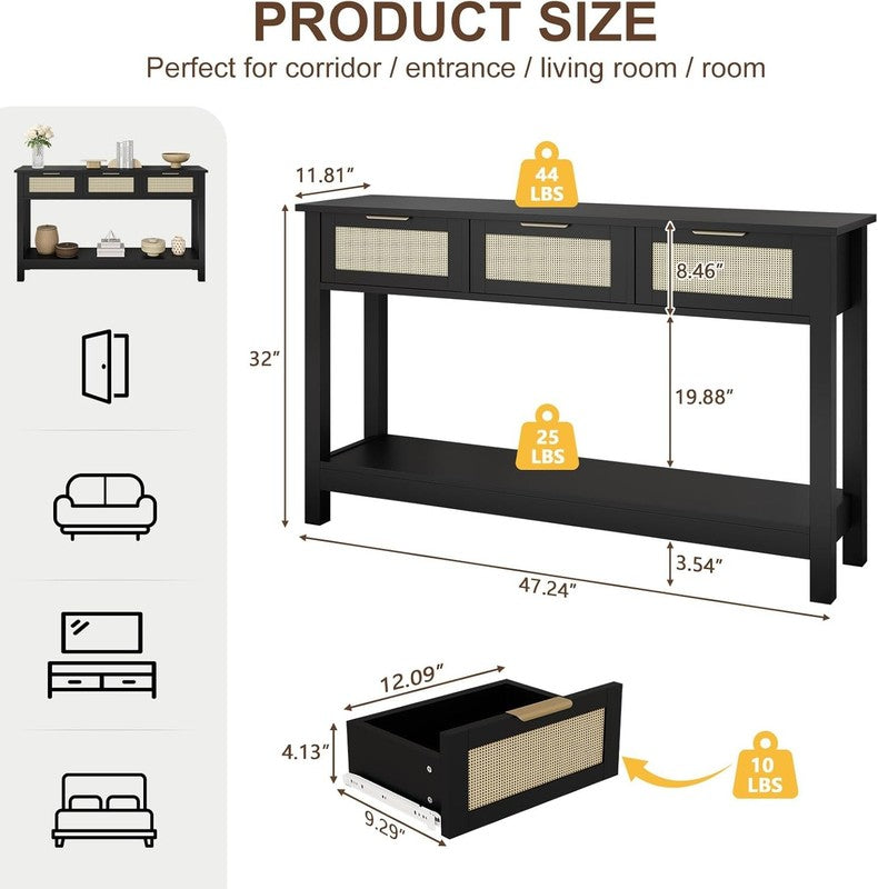 47'' Black Entryway Console Table 3 Rattan Drawers Open Shelf Sofa Table11