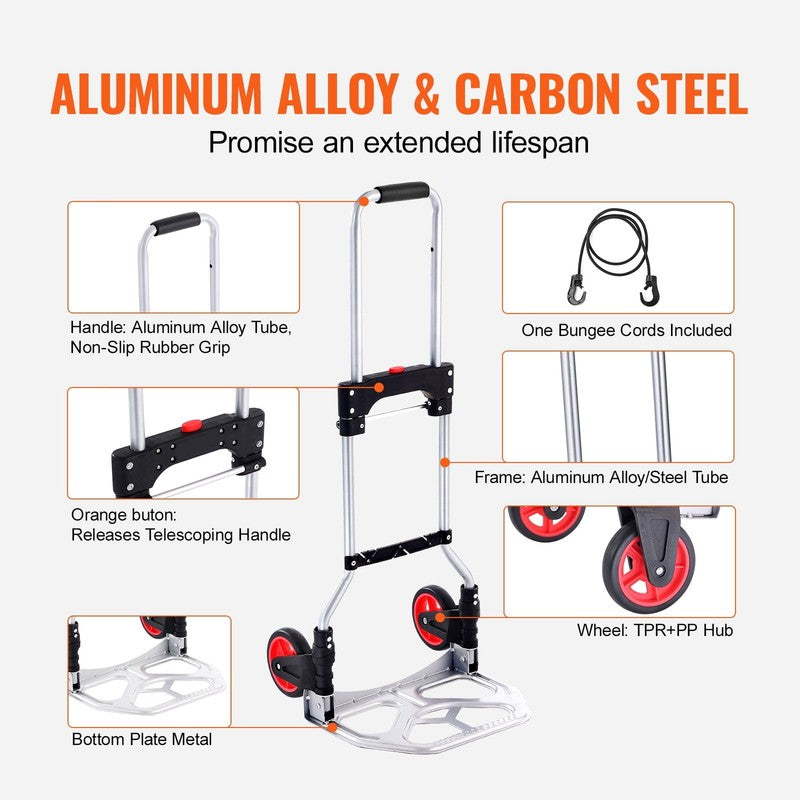 Folding Hand Truck Aluminum Luggage Trolley Cart Dolly 176 Lbs Bungee Cord3