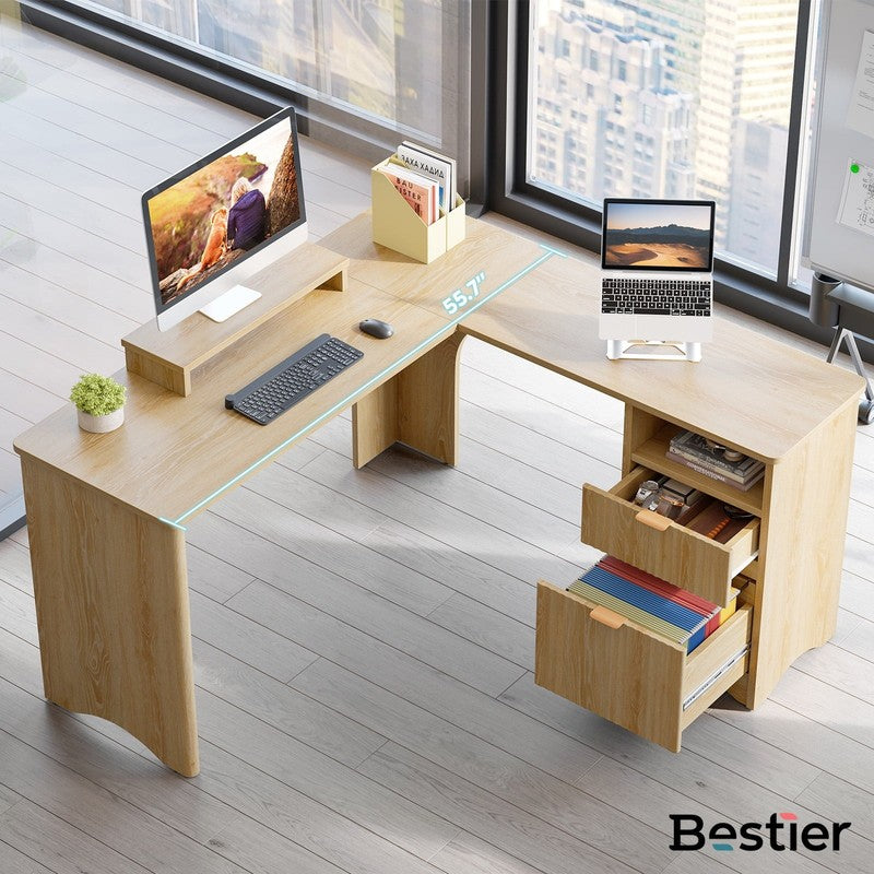 55" L-Shaped Desk with Drawers, Monitor Stand & Fluted Panels Natural Oak5