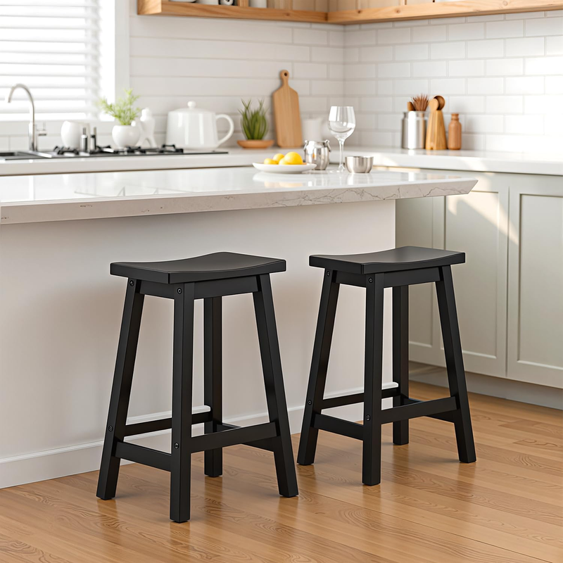 Bar Stools Set of 2, Wooden Saddle Stools 24 Inch Heigh, Bar Chairs Seat with Fo7