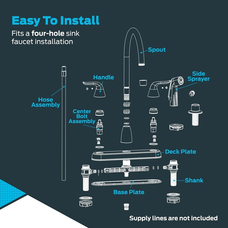 Two-Handle High-Rise Kitchen Faucet with Sidespray, Stainless Steel, EZ-102012