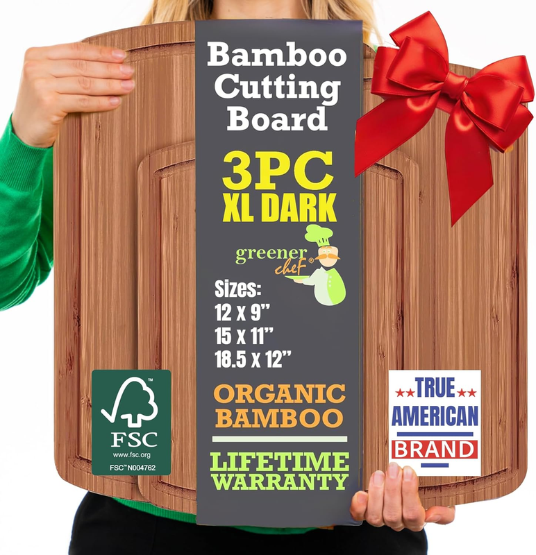Organic Wooden Cutting Boards for Kitchen with Lifetime Replacements - 3Pc Set N0