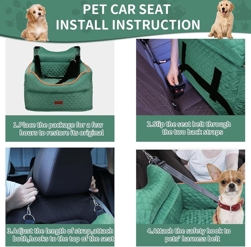Dog Car Seat Memory Foam Small Dogs up to 25lbs w/ Pockets & Seat Belt Green4