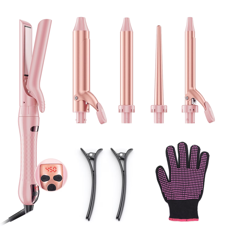 5 in 1 Curling Iron Set with Flat Iron Hair Straightener Dual Voltage Pink10