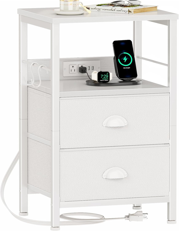 End Table with Charging Station, Nightstand with Fabric Drawers, Side Tables wit7