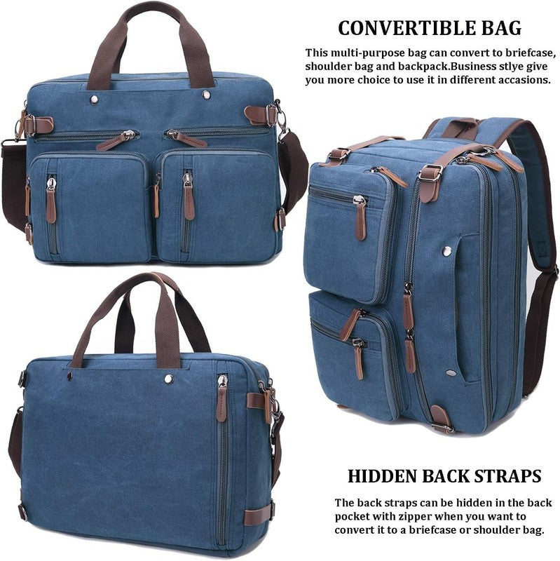 3 in 1 Canvas Laptop Bag 17.3 Inch Convertible Briefcase Multi Pocket Blue3