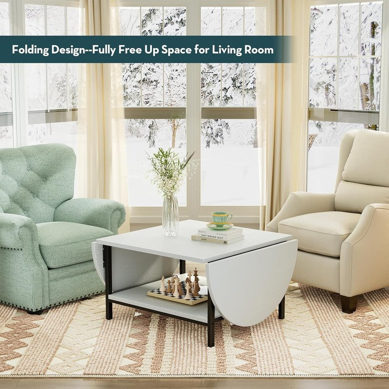 White 2 Tier Foldable Coffee Table with Storage, Modern Living Room Table2