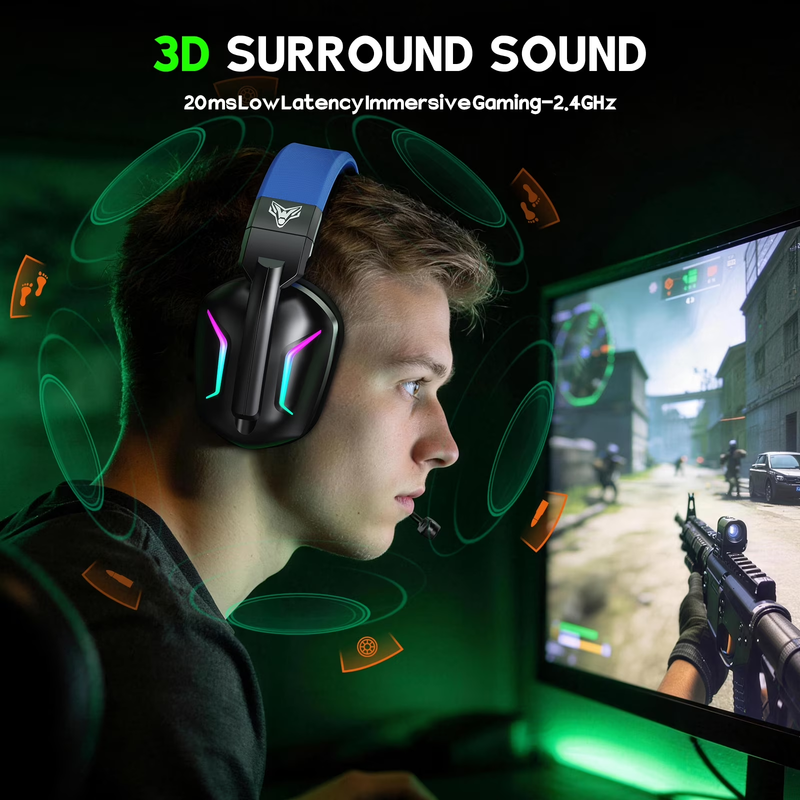Wireless Gaming Headset 2.4GHz Bluetooth PS5 PS4 PC Switch Noise Mic Blue6
