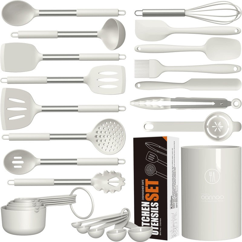 Silicone Cooking Utensils Set Heat Resistant Kitchen Tools Cream White10