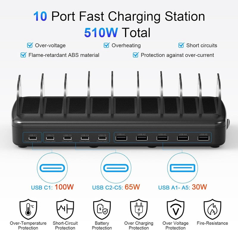 510W USB C Charging Station – 10 Port Fast Charger with Cables for Phones 4