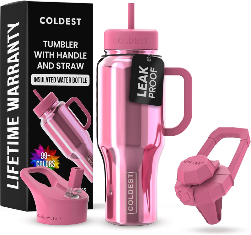36oz Stainless Steel Insulated Tumbler with Handle Straw Leak Proof 3 Lids Pink0