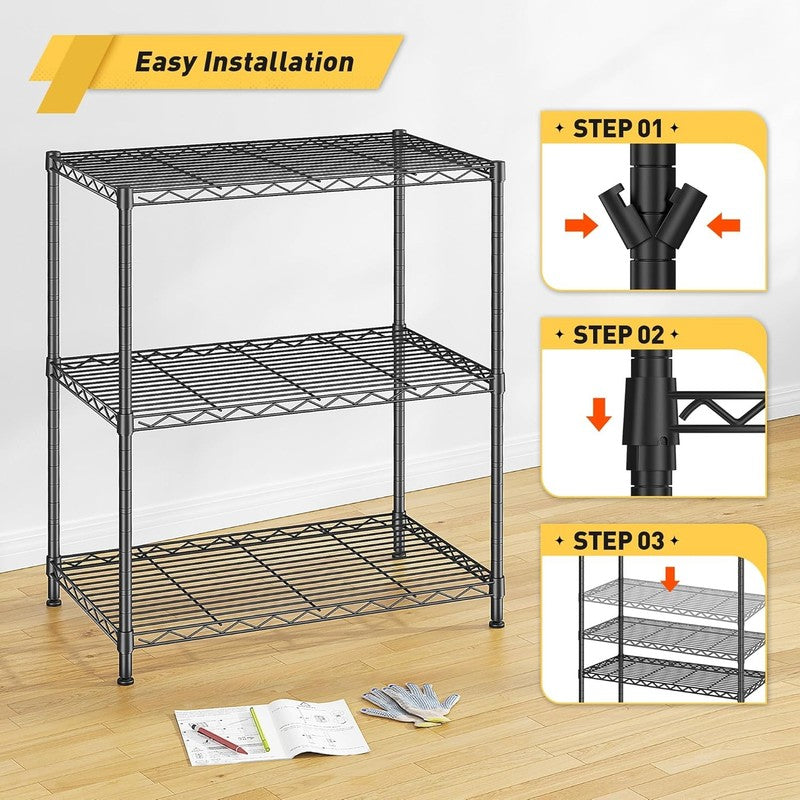 3 Tier Metal Storage Shelves Adjustable Wire Rack Pantry Kitchen Shelf Black5