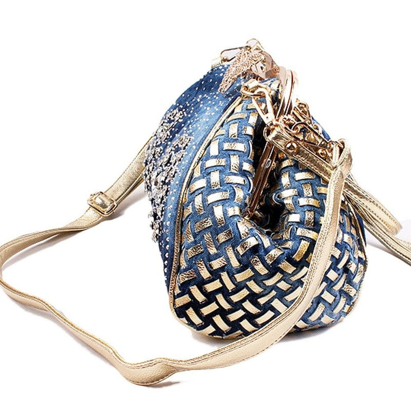 Women Denim Crossbody Bag Knitted Rhinestone Tote Handbag Shoulder Purse1