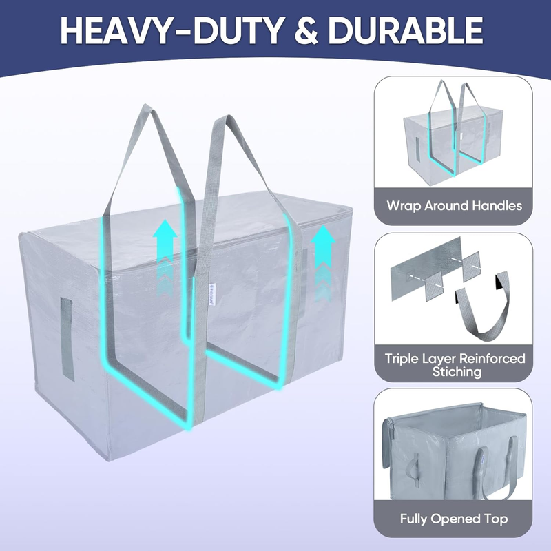 6 Pack Extra Large Heavy Duty Moving Bags Zipper Storage Totes Light Grey2