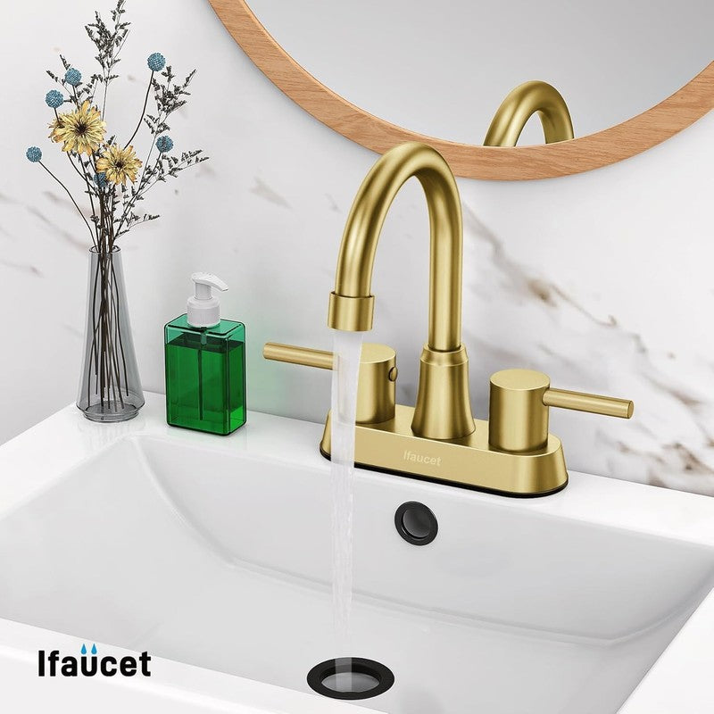 Brushed Gold Bathroom Faucet 4" Centerset 2 Handle w/ Copper Drain4