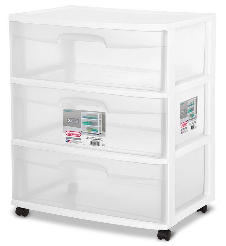 (2 Pack) Wide 3 Drawer Cart, Clear Plastic Storage Drawers, Wheels Included3