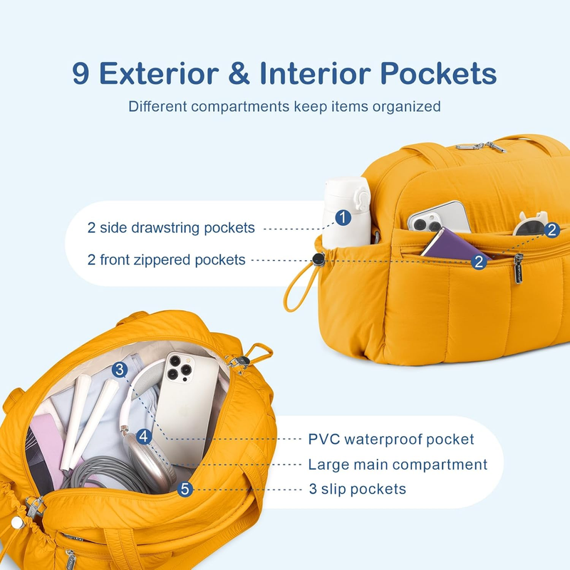 Travel Duffel Bag Women Puffer Gym Weekender Wet Pocket Carry On Golden Yellow5