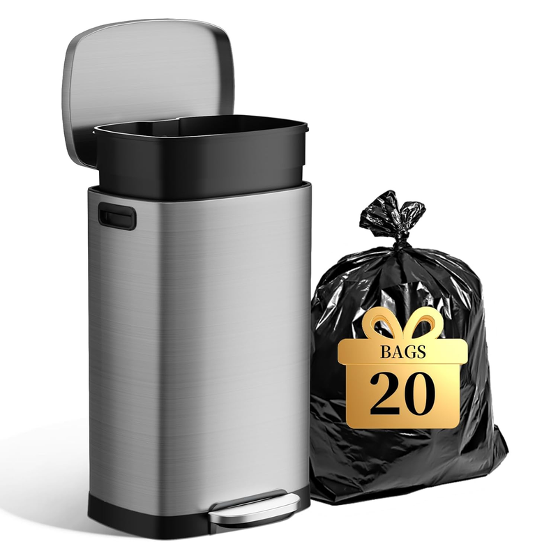 13 Gallon Kitchen Trash Can Stainless Steel Soft Close Pedal Bin 50L0