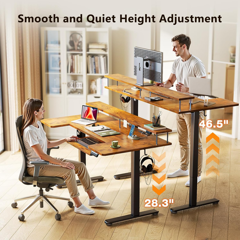 55" U Shaped Electric Standing Desk w/ Keyboard Tray Rustic Brown3