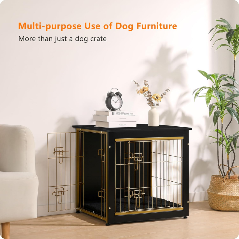 Dog Crate Furniture Table w/Cushion Wooden Kennel Double Door 27.2" Black/Gold4