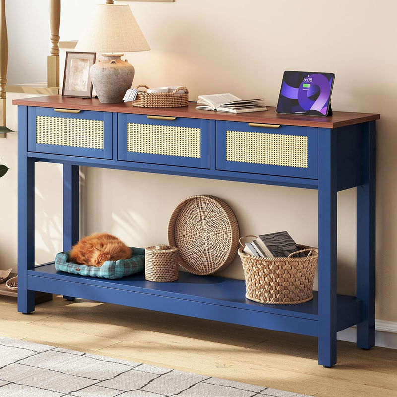 47'' Blue Entryway Console Table 3 Rattan Drawers Open Shelf Sofa Table8