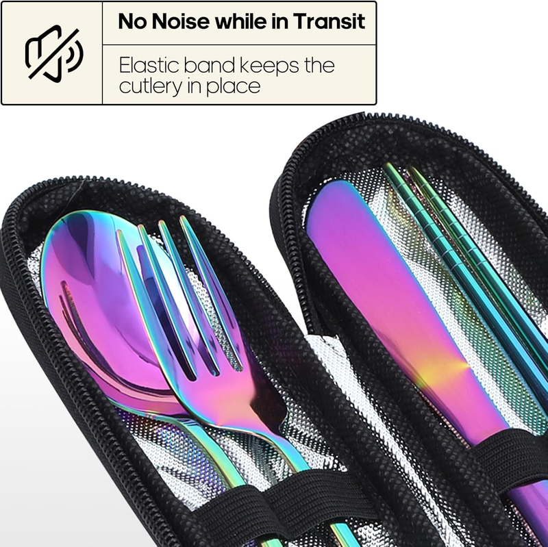 Reusable Travel Utensils Set Stainless Steel Fork Spoon with Case Rainbow2