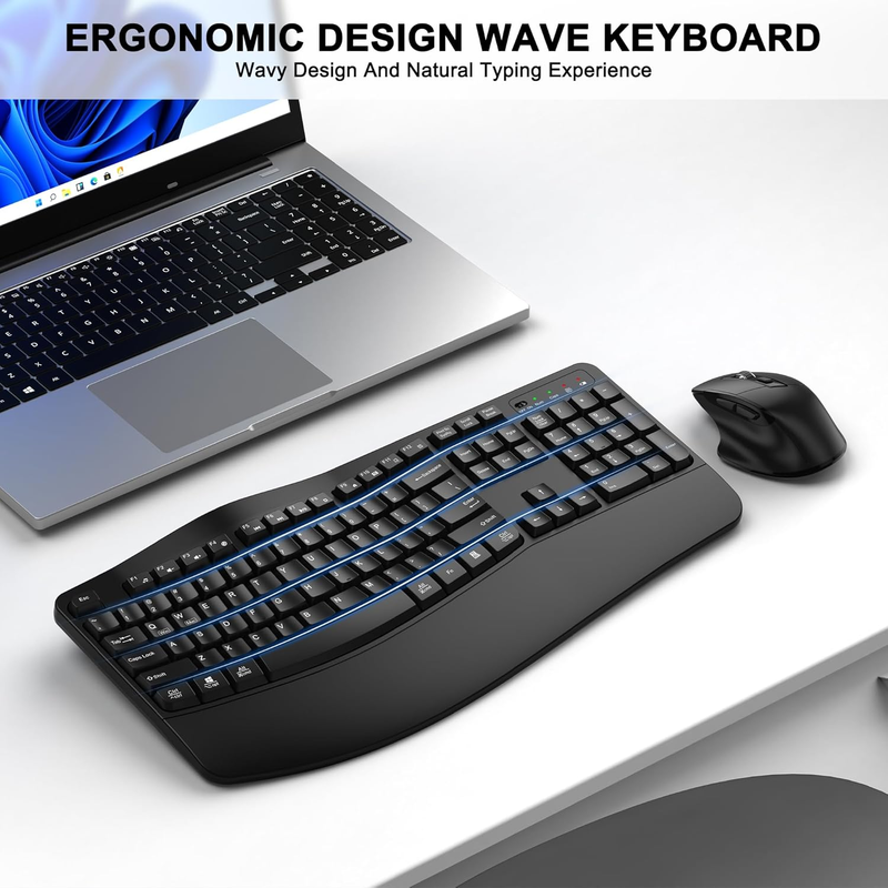 Wireless Keyboard and Mouse Combo, 2.4G Full Size Wave Keys Ergonomic Keyboard w1