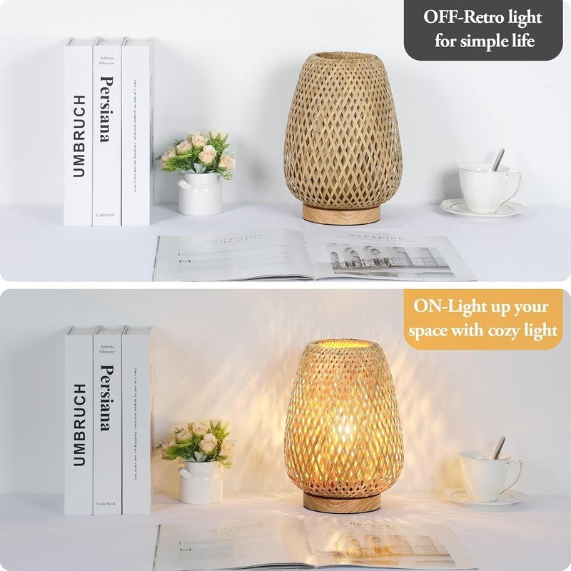 Rattan Table Lamp Dimmable Small Bedside Wicker Nightstand Wooden LED2
