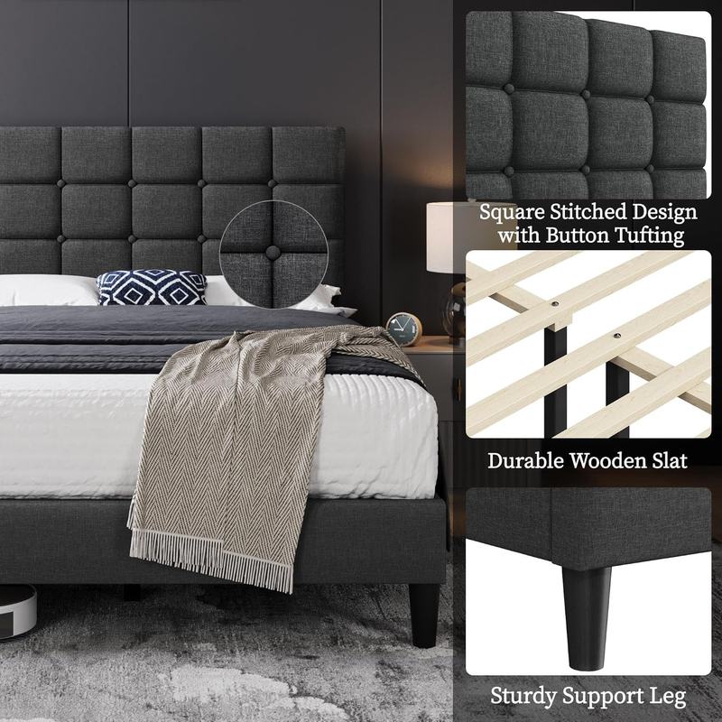 Upholstered Full Bed Frame Tufted Headboard Adjustable Wood Slats Dark Gray4