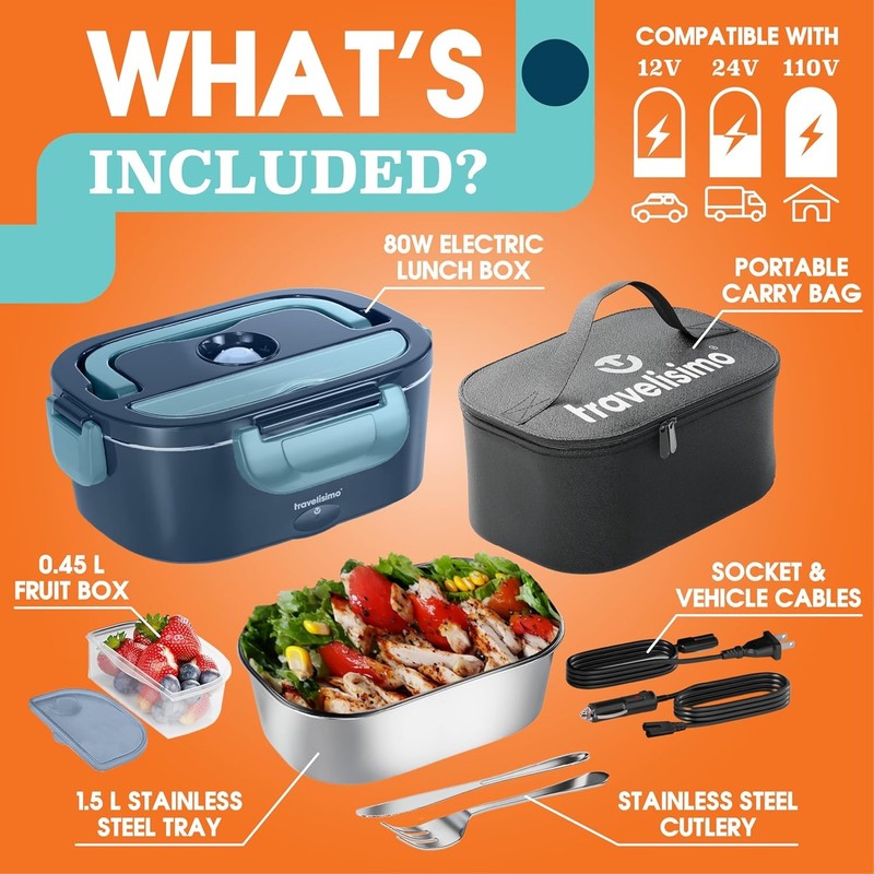 Electric Lunch Box 80W 1.5L Heated Food Warmer 12/24/110V Portable4