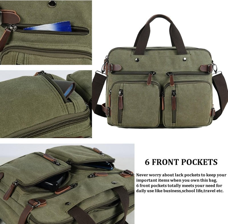 3 in 1 Canvas Laptop Bag 17.3 Inch Convertible Shoulder Travel Business Green4