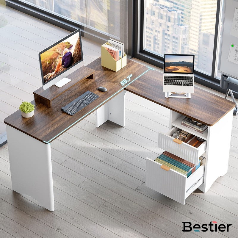 55" L-Shaped Desk with Drawers, Monitor Stand & Fluted Panels White/Walnut5