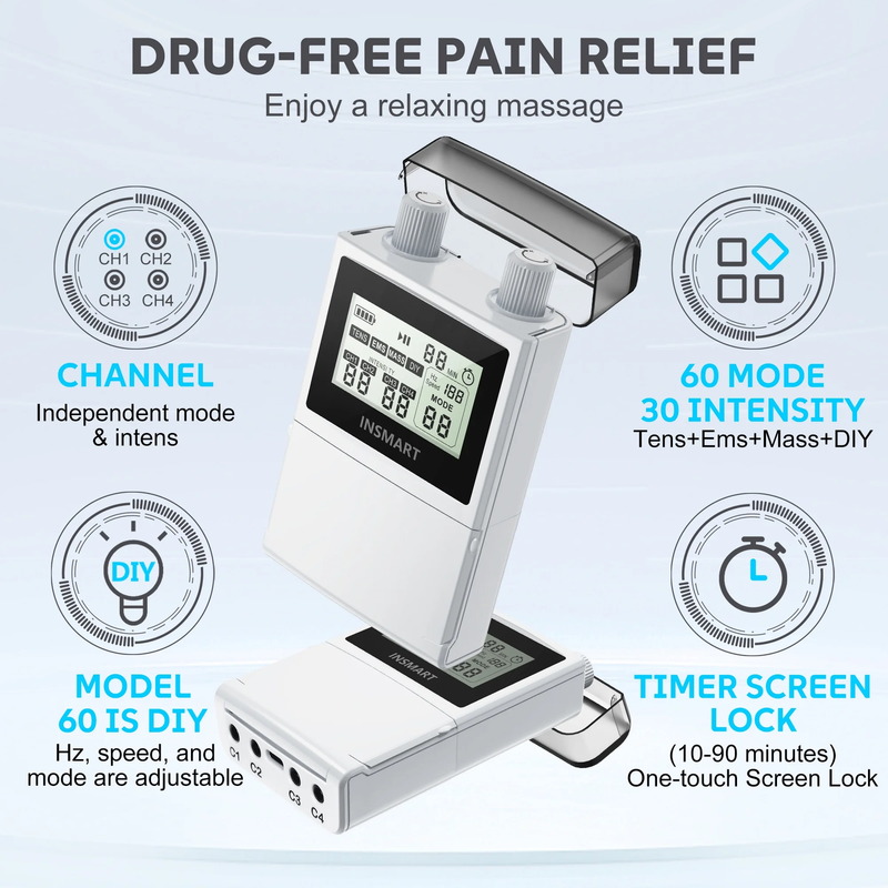 TENS Unit Rechargeable Muscle Stimulator EMS 4 Channels with 10 Reusable Electro5