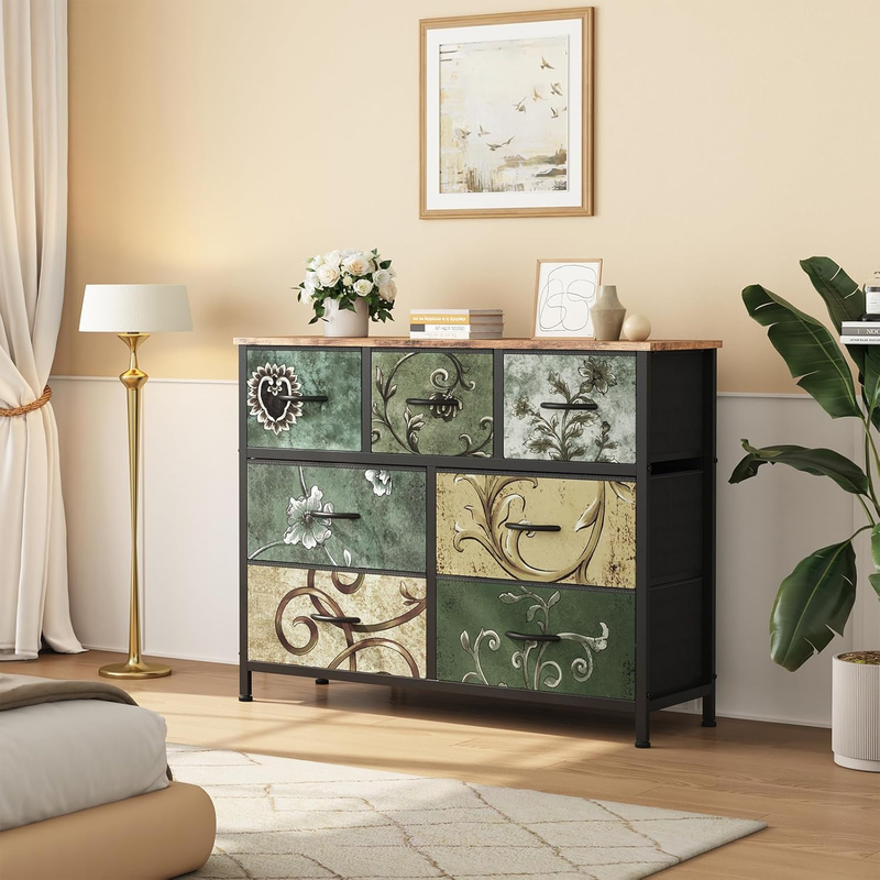 7 Drawer Fabric Dresser Storage Tower Steel Frame Wood Top Floral1
