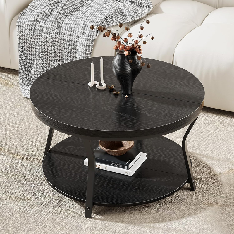 Round Coffee Table 2 Tier Industrial Modern Metal Frame 31.5in Black8