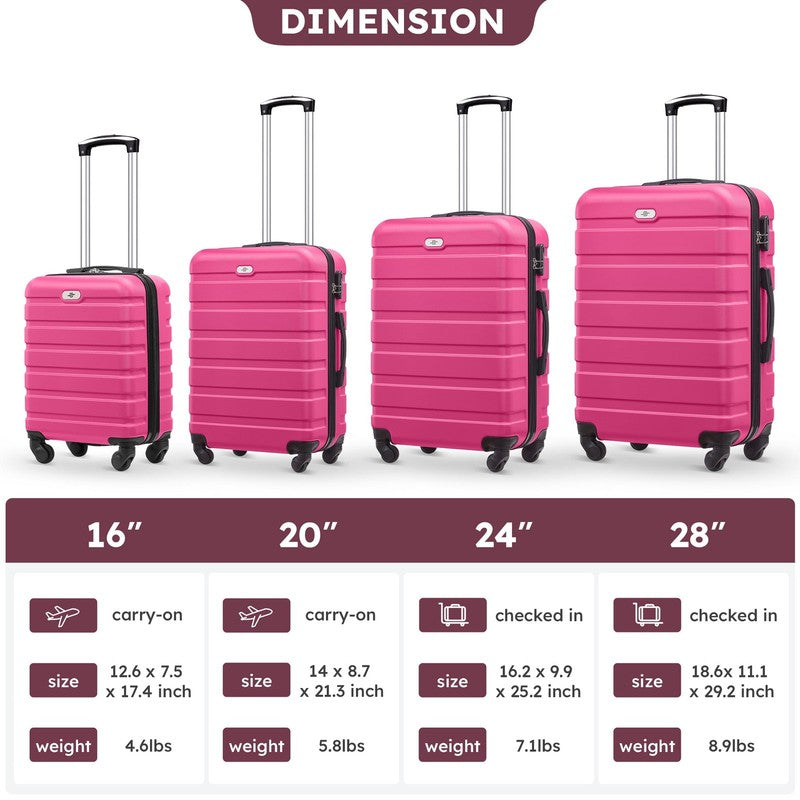 4 Piece Luggage Set Hardside Spinner Suitcase 16 20 24 28 Inch  Rose Red9