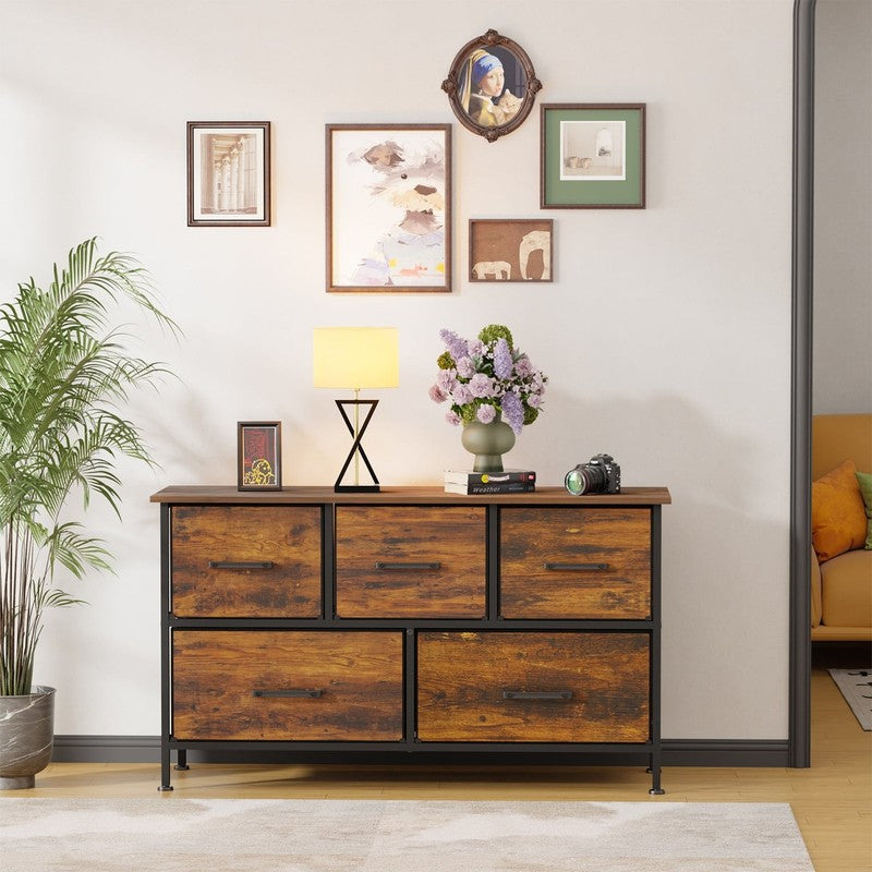 5 Fabric Drawers Dresser for Bedroom,Chest Organizer Units with Steel,Nature5
