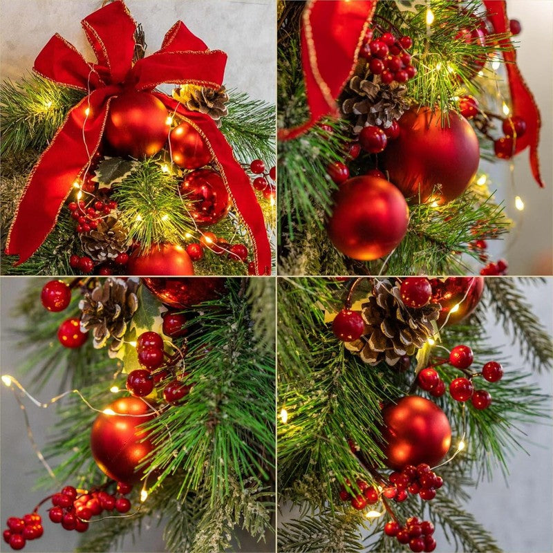 24" Pre-Lit Christmas Teardrop Swag Battery Operated Red Bow Pinecones Berries7