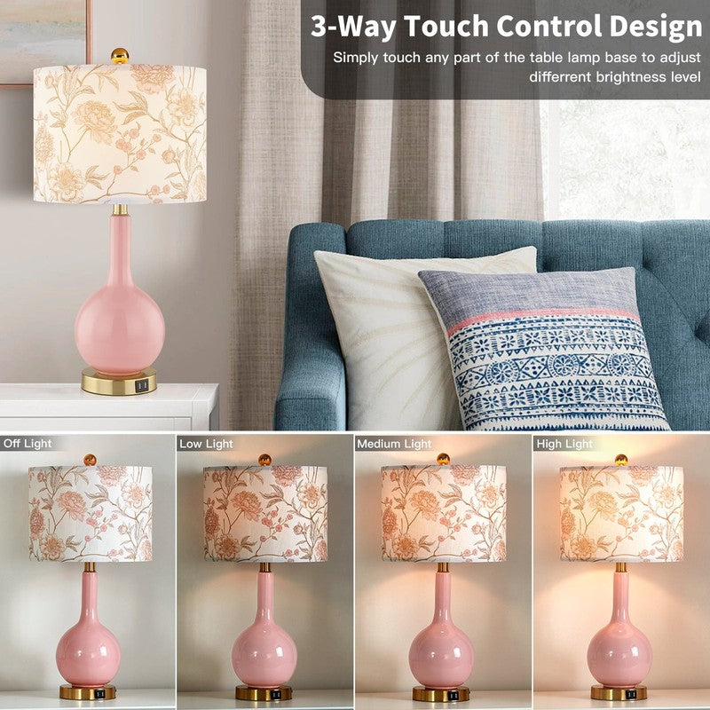 Pink Ceramic Touch Control Table Lamp with USB Ports - 24" Floral Shade2