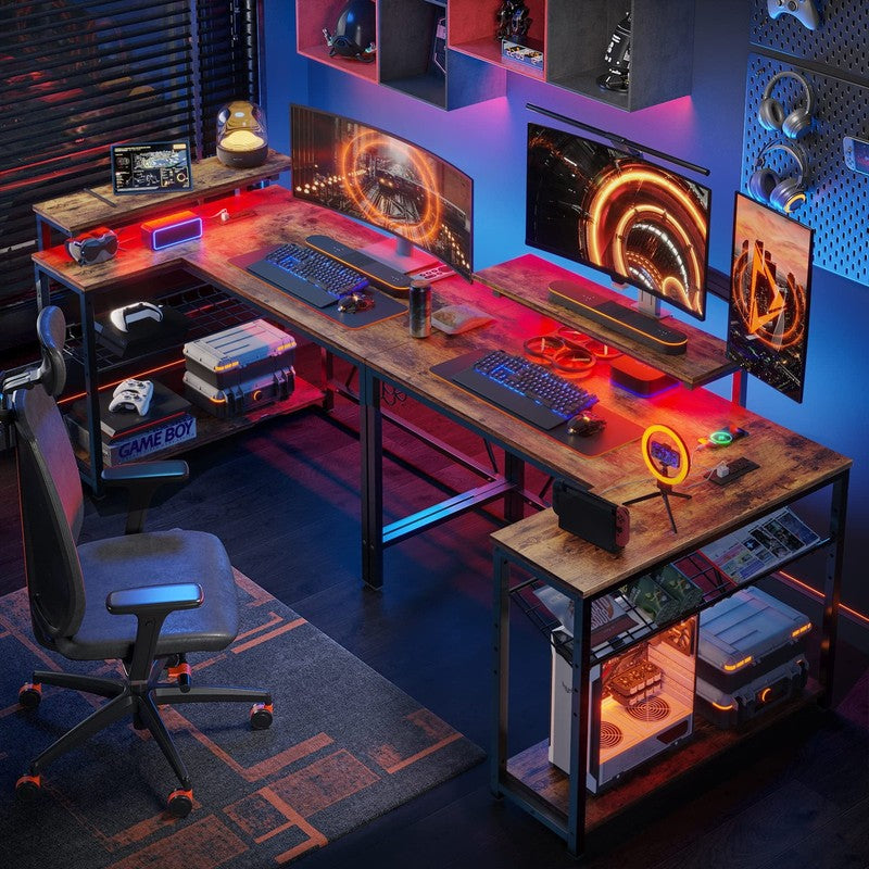 42" L-Shaped Computer Desk LED with Power Outlets & Monitor Stand Rustic6