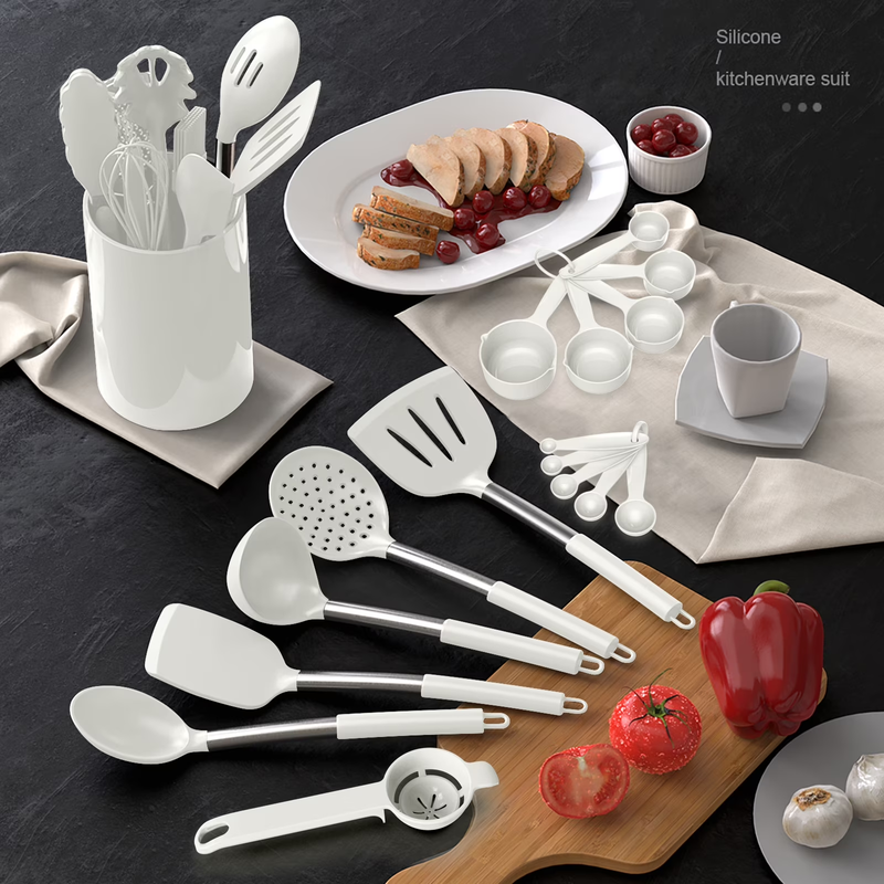 Silicone Cooking Utensils Set Heat Resistant Kitchen Tools Cream White2