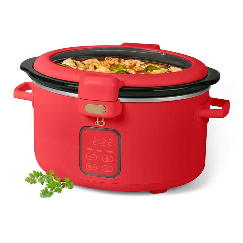 4 Qt Digital Slow Cooker with Hinged Locking Lid, Tomato Red by Drew Barrymore4