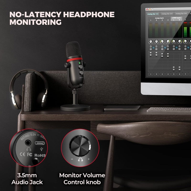 USB C Condenser Gaming Microphone w/ Headphone Jack, Volume, LED Mute4