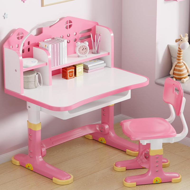 Kids Desk and Chair Set Height Adjustable Study Table w Bookstand Drawer9