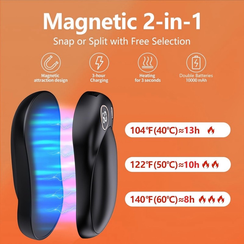 Behome 2Pack Magnetic Hand Warmers Rechargeable, Electric Hand Warmers with 3 Te1
