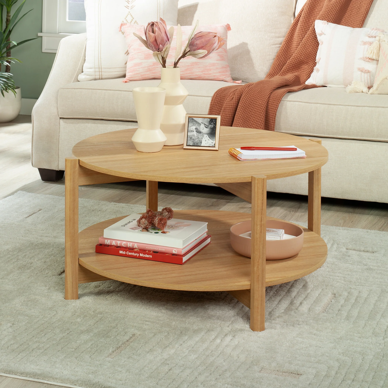 round Modern Dowel Coffee Table, Natural Teak Finish0