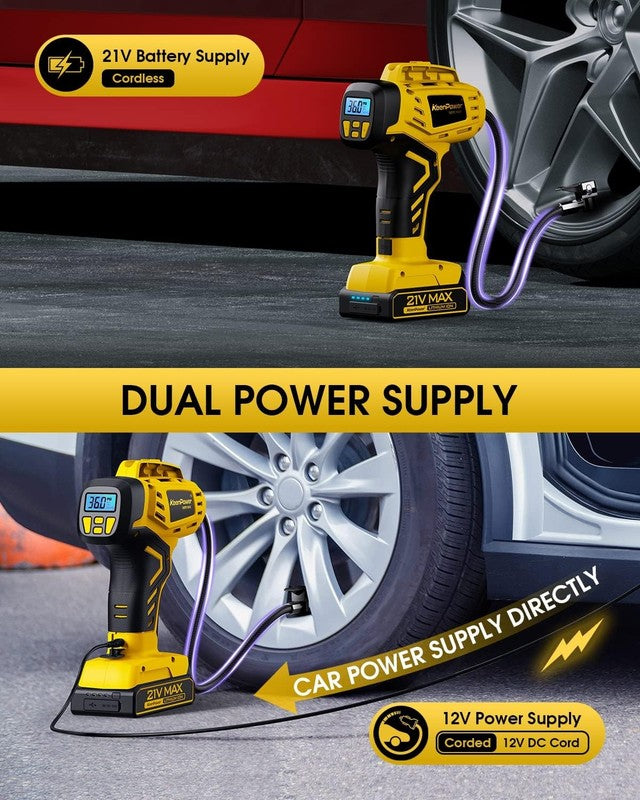 Portable Tire Inflator 160PSI | 21V Rechargeable Air Compressor | Dual Power2