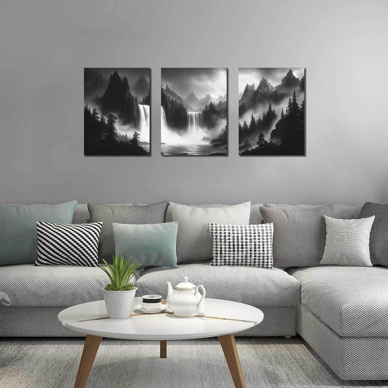 Foggy Forest 3-Piece Wall Art Set - Black & White Canvas Decor 12" x 16"3