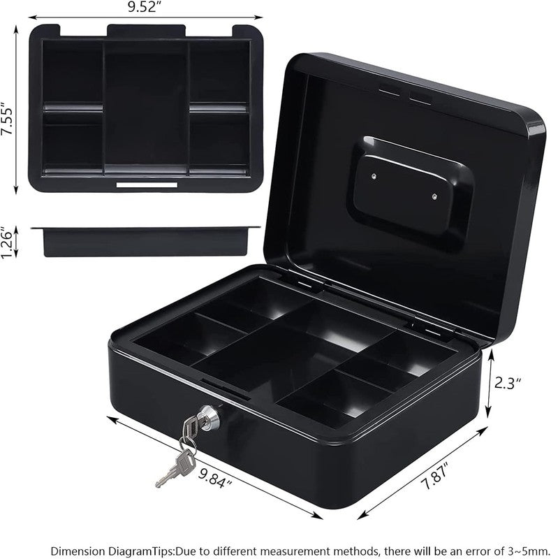 Secure Large Metal Cash Box with Lock & Tray - 9.84"x7.87"x3.54" Black4